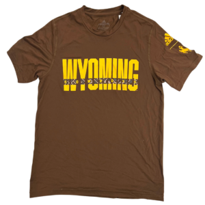 brown Adidas short sleeve tee, design is gold word Wyoming with camo bar through, gold word cowboys on camo, gold adidas logo above gold bucking horse on left sleeve
