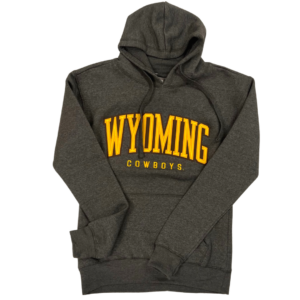 women's graphite hooded sweatshirt, design is word Wyoming embroidered in gold outlined in brown, word cowboys in gold below