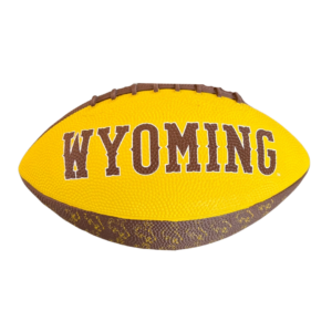 mini rubber football. alternating panels, one with word Wyoming in brown with gold background, other panel is brown background with repeated gold outlines of bucking horse logo