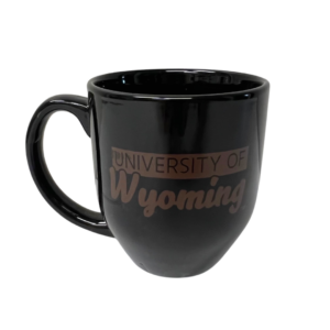 black bistro mug with handle, design is words university of wyoming in brown