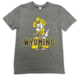 grey short sleeve tee, Large graphic of Pistol Pete Logo printed on front of tee, word Wyoming in brown on bottom