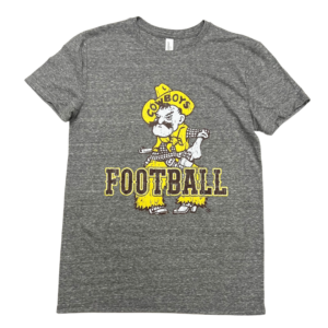 grey short sleeve tee, Large graphic of Pistol Pete Logo printed on front of tee, word Football in brown on bottom