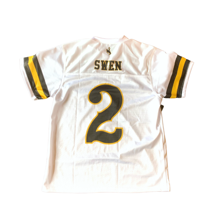 back view of white football jersey with large number 2 and word Swen printed in center in brown with gold outline