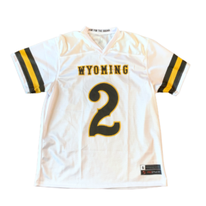 white football jersey with large number 2 and word wyoming printed on front center in brown with gold outline