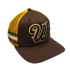 Flexfit style hat. design is brown front with W embroidered in brown with gold and white outline, brown bill, gold mesh with brown and white lines sewn on
