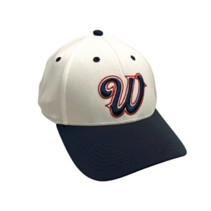 white flexfit hat with navy brim and top button, design is script W embroidered in navy with red embroidered outline