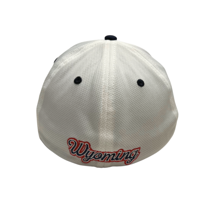 back of white flexfit hat, white is word Wyoming in navy script, outlined in red