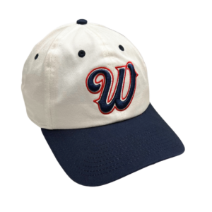white adjustable hat with navy brim and top button, design is script W embroidered in navy with red embroidered outline