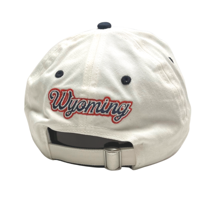 back of white adjustable hat, design is word Wyoming in navy script with red outline, metal adjustable with fabric strap