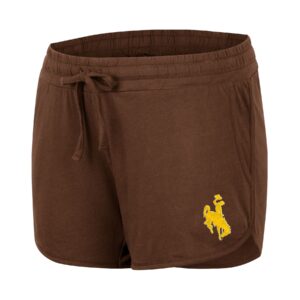 women's brown shorts, drawstring on top, pocket on side. design is gold bucking horse embroidered on left leg