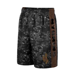 black camouflage print, youth athletic shorts. Brown stripe on the side with word Wyoming printed down stripe. Brown bucking horse with gold outline on left leg