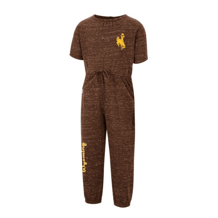toddler heather brown romper with tied bow on waist, design is distressed gold bucking horse on left chest, word Wyoming in distressed gold script on right leg