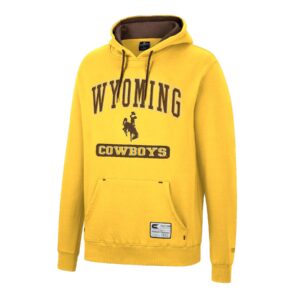men's gold hooded sweatshirt, brown lined hood. design is word Wyoming in brown outlined in gold and white, brown bucking horse below, gold word cowboys in brown rounded rectangle