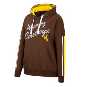 brown women's hooded sweatshirt, white and gold stripes on sleeves. design is on front center is slogan Wyoming cowboys embroidered in white, gold embroidered bucking horse below