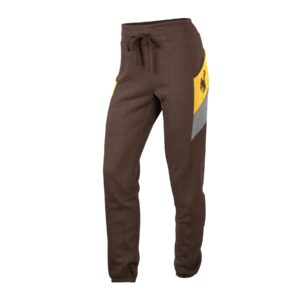 women's brown joggers with gold and white diagonal stripe on side, brown drawstrings, design is brown bucking horse on left gold stripe