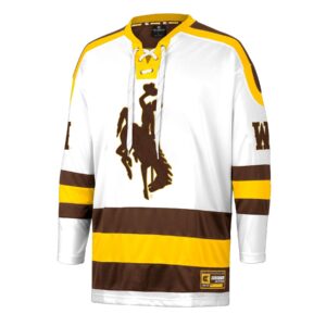 Men's white, brown and gold hockey jersey with white lace up neckline. design is brown bucking horse in center outlined in gold and Wyoming W in brown on arms