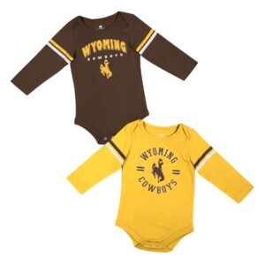 infant long sleeved onesies, two pack, on solid brown with gold and white stripes on sleeve with Wyoming design, other solid gold with brown and white stripes on sleeve with Wyoming design