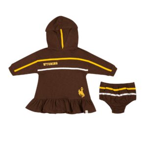 brown infant hooded dress and bloomers, gold stripe on chest and sleeves, white stripe on chest. design is gold bucking horse on bottom left, word Wyoming on right chest