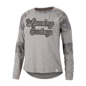 women's crewneck grey long sleeved tee. grey camo shoulders and stripe on sleeves, design on front is slogan Wyoming cowboys in grey with black dashed and brown outline