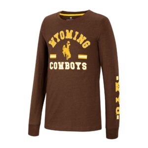 youth long sleeved brown tee. Slogan Wyoming Cowboys arced on front of tee in white and gold, gold bucking horse with stripes on each side printed in between slogan