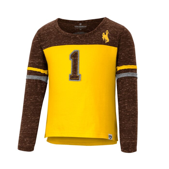 toddler long sleeve tee, shoulders and sleeves heather brown with gold and grey stripes, body yellow. design is gold bucking horse on left chest, and number 1 in heather brown in center