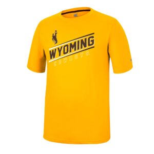 gold short sleeve shirt, design in center of tee is brown bucking horse above, brown and white slashes with word Wyoming in brown between, word cowboys in white outline below