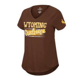 women's v-neck brown tee. Slogan Wyoming Cowboys printed in gold and white script font. small gold bucking horse printed on left sleeve
