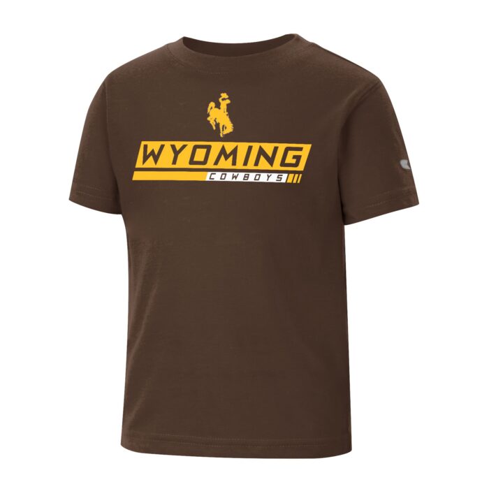 brown, toddler sized short sleeved tee. Design on front center is slogan Wyoming Cowboys printed inside of gold rectangle in block font. Gold bucking horse printed above