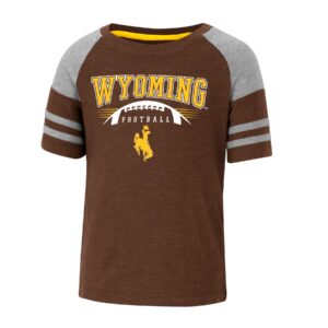 brown, short sleeved toddler tee with grey stripes on sleeves. Design on front is Word Wyoming with bucking horse below, and outline of football in the background