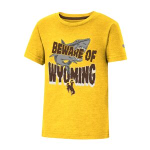 gold toddler short sleeved tee. Design on front center, is slogan Beware of Wyoming in brown with grey shark in background
