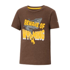 brown toddler short sleeved tee. Design on front center, is slogan Beware of Wyoming in gold with grey shark in background
