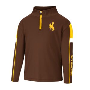 toddler brown quarter zip jacket, gold trim down sleeves, gold and white patches on sleeves, design is gold word Wyoming on sleeve, gold bucking horse on left chest