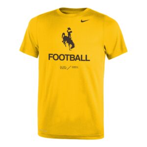 youth sized, gold short sleeved tee. Black Nike swoosh logo, bucking horse logo, and word Football printed on front center of tee