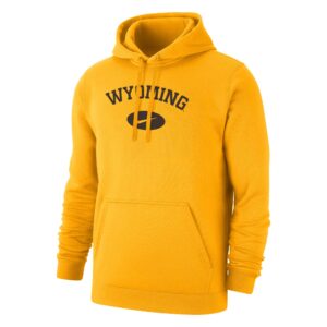 nike men's gold hooded sweatshirt, design is word wyoming in brown, brown circle below with nike logo in gold, pocket on front bottom