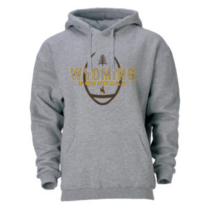 heather grey hooded sweatshirt. Design on front is outline of a football in brown, with slogan Wyoming Football printed on top in gold