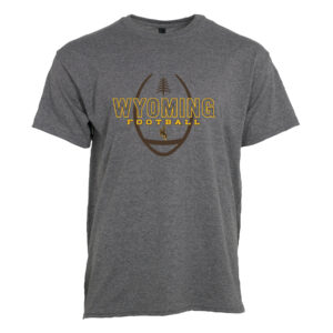 heather grey short sleeved tee. Design on front is outline of a football in brown, with slogan Wyoming Football printed on top in gold