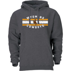 grey hooded sweatshirt. Slogan Wyoming Cowboys printed on front in white with brown bucking horse logo in middle, two gold and on white stripe behind