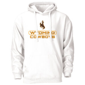 white hooded sweatshirt. Slogan Wyoming Cowboys printed on front in gold with brown bucking horse logo above slogan