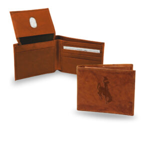 light brown, leather bi-fold style wallet. embossed bucking horse logo on front center of wallet