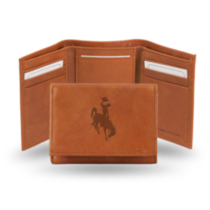 light brown, leather trifold style wallet. embossed bucking horse logo on front center of wallet