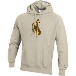 oatmeal, reverse weave hooded sweatshirt. design is brown bucking horse outlined in gold, champion logo embroidered on left bottom sleeve
