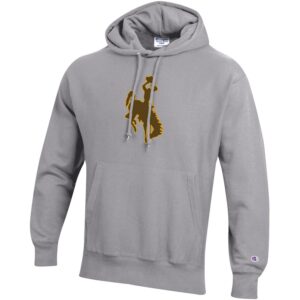 grey, reverse weave hooded sweatshirt. design is brown bucking horse outlined in gold, champion logo embroidered on left bottom sleeve