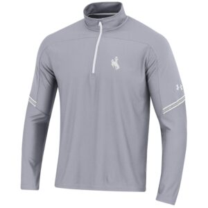 under armour brand grey quarter zip jacket. white bucking horse embroidered on left chest. White stripe on lower sleeves