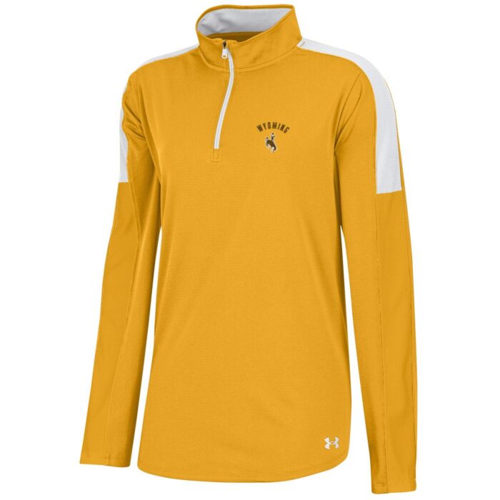 under armour brand gold, women's quarter zip jacket. Word Wyoming and bucking horse embroidered on left chest in brown. White stripe across shoulder