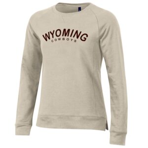 women's oatmeal crew sweatshirt, arched word Wyoming in middle in brown, arched word cowboys underneath in brown