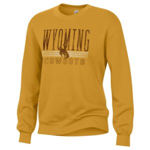 women's gold crew sweatshirt. design is word Wyoming with bucking horse in middle in distressed brown, white lines, word cowboys in brown outline underneath on front of crew