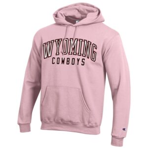 light pink, women's hooded sweatshirt. Slogan Wyoming Cowboys printed on front center in white with black outline. Front pocket, and hood with drawstrings