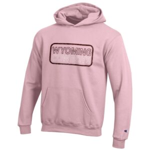 light pink, youth hooded sweatshirt. Design is word wyoming in brown above word cowboys in white surrounded by brown curved box. Front pocket