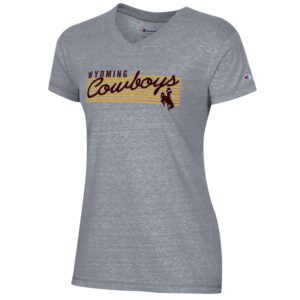 women's grey v neck short sleeved tee. Design is Wyoming written in brown, cowboys written in brown cursive, brown bucking horse bottom left, gold lines behind text