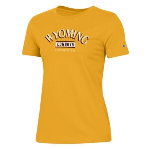 women's crew neckline, short sleeved tee in gold. On front of tee, word Wyoming arched in white with black outline, with word Cowboys printed smaller below